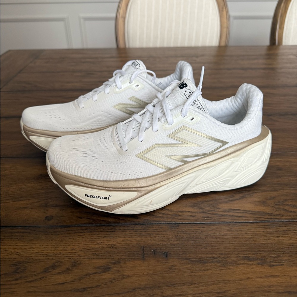 New Balance White and Gold Athletic Shoes